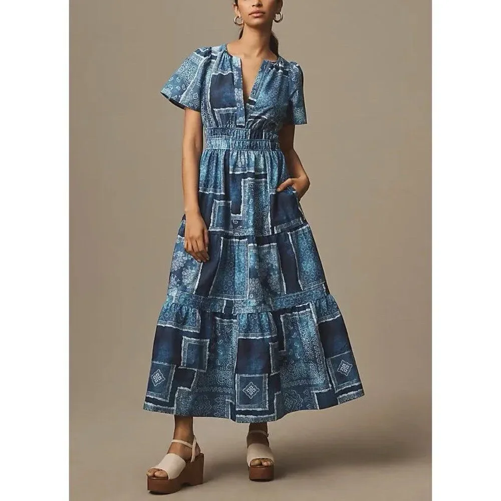 Anthropologie Somerset Maxi Dress Womens XL PETITE Blue Faux Denim Print Pockets